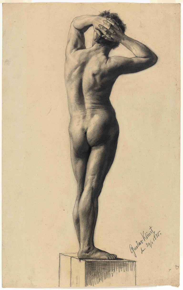 Male Nude,Erkek Çıplak,Gustav Klimt,Taslak,Taslak, 1 oğlan, erkek odak, eşek, solo, Tek renkli, çıplak