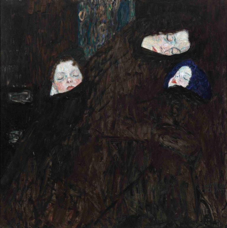 Mother with two children (family),Gustav Klimt,Oil Painting,Oil Painting, closed eyes, multiple girls