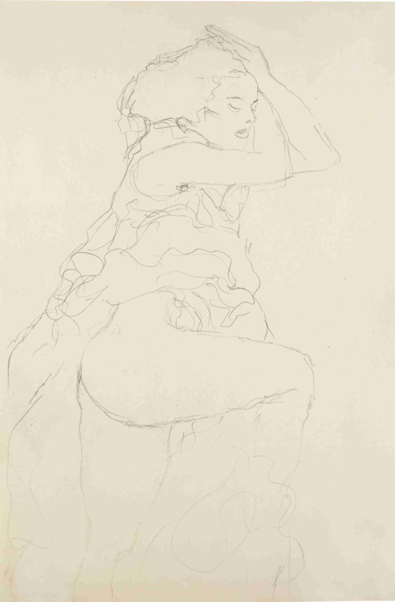 Nach rechts (semi-nude facing right),Gustav Klimt,Sketch,Sketch, 1girl, solo, monochrome, sketch, closed eyes