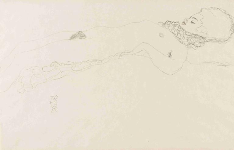 Naked Girl with Ruff, lying,Gustav Klimt,Sketch,Sketch, solo, 1girl, monochrome, pubic hair, nipples