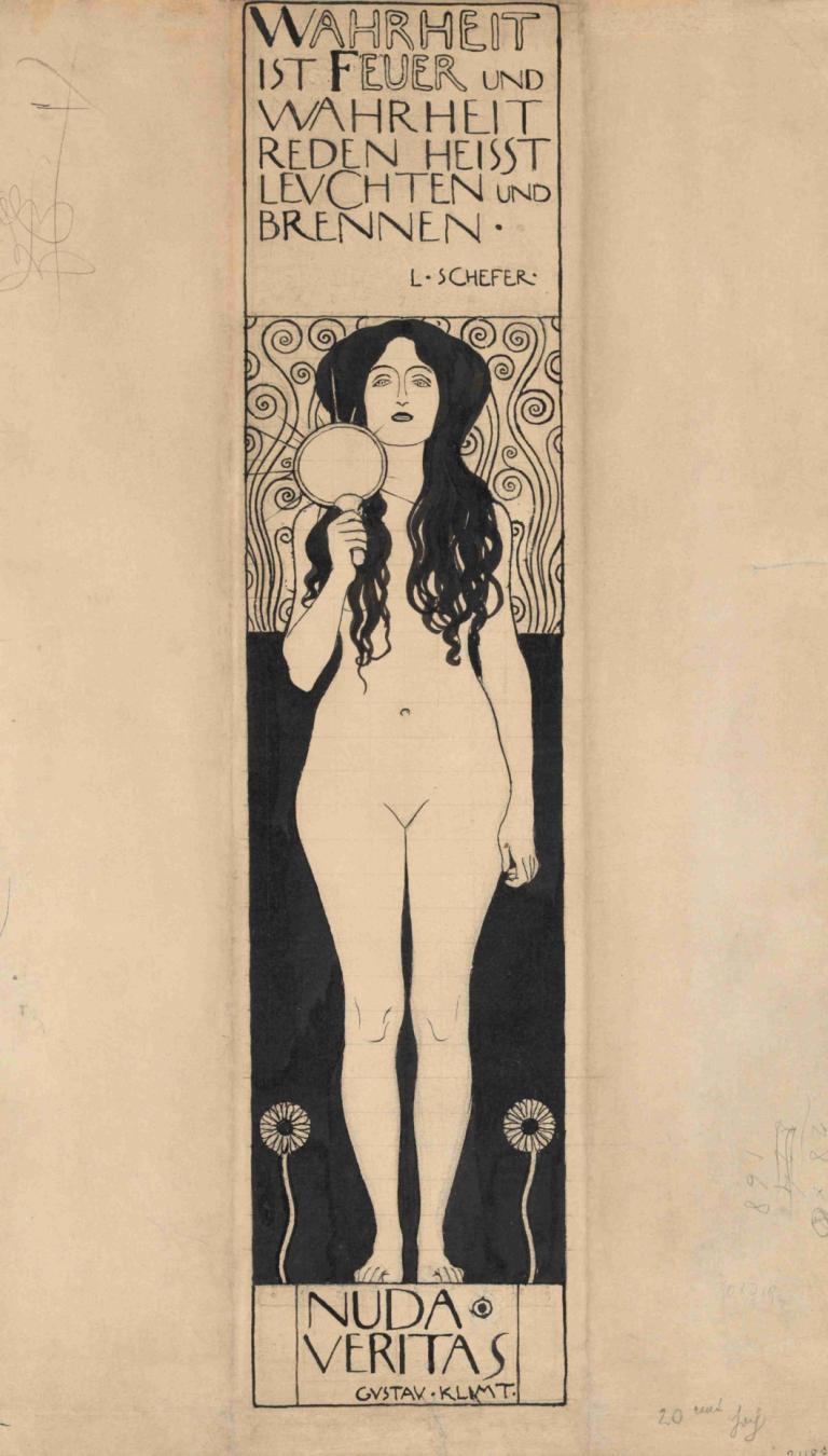 Nuda Veritas,Gustav Klimt,Illustration,Illustration, 1girl, solo, nude, long hair, monochrome, hand fan