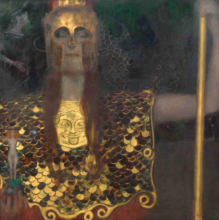 Pallas Athene,Gustav Klimt,Oil Painting,Oil Painting, solo, traditional media, looking at viewer, upper body