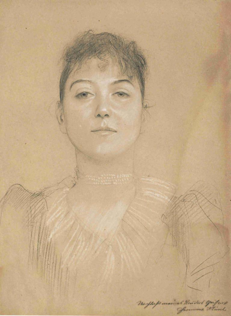 Portrait einer Frau,여성의 초상화,Gustav Klimt,구스타프 클림트,스케치,스케치, 독주, 여자 1명, 단색화, 세피아, 전통 미디어, 서명, 스케치, 날짜가 있는, 상체