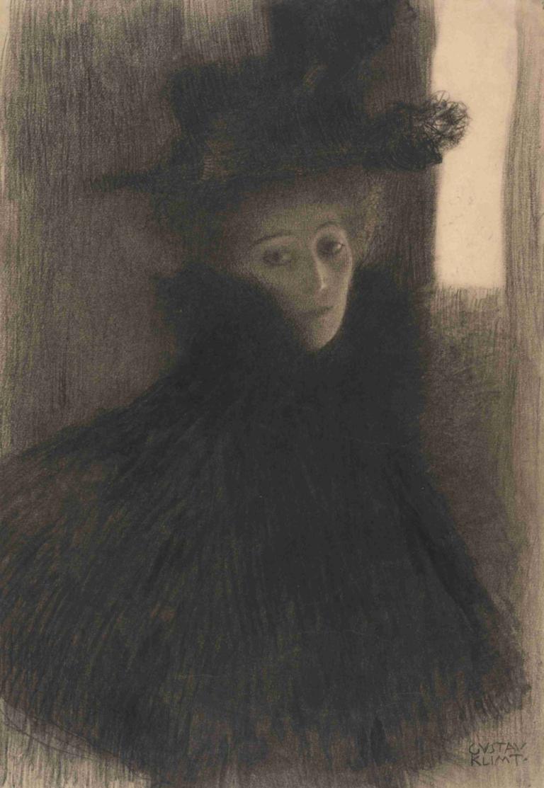 Portrait of a Lady with Cape and Hat,Porträt einer Dame mit Umhang und Hut,Gustav Klimt,Kupferstich