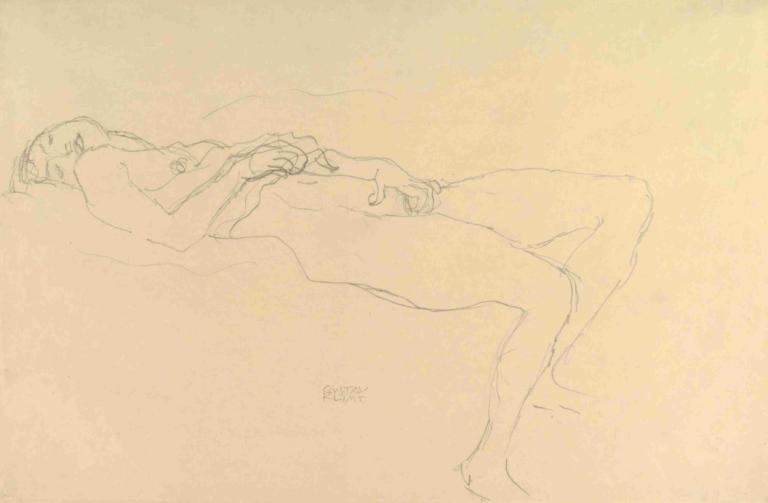 Reclining Nude,Gustav Klimt,Sketch,Sketch, solo, 1girl, masturbation, lying, nude, monochrome