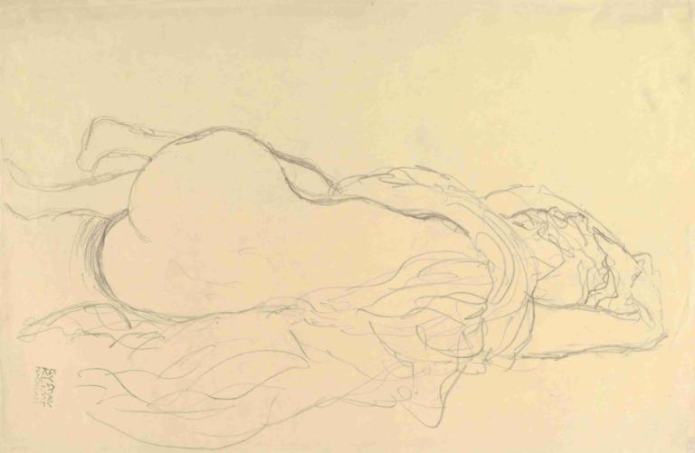 Reclining Nude with Drapery, Back View,Gustav Klimt,Sketch,Sketch, 1girl, solo, ass, sketch, lying