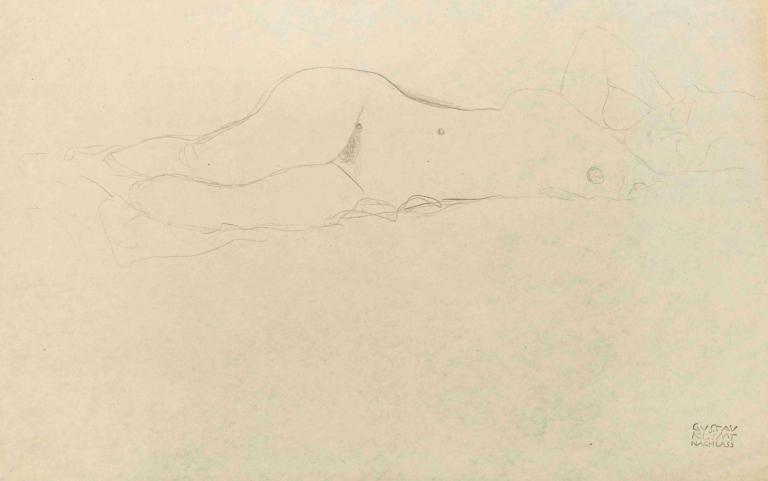 Reclining female nude with her hands behind her head,Liegender weiblicher Akt mit den Händen hinter dem Kopf