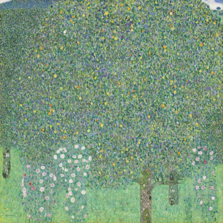 Rosebushes under the Trees,Růžové keře pod stromy,Gustav Klimt,Olejomalba,Olejomalba, květ, tráva, strom