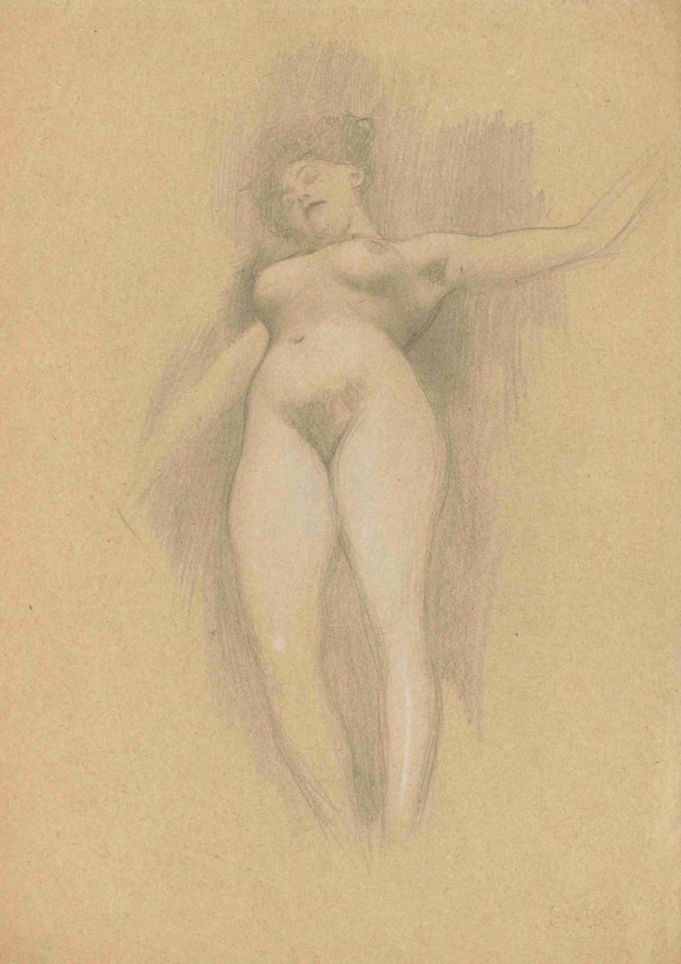 Schwebende vor dunklem Hintergrund,Gustav Klimt,Sketch,Sketch, 1girl, solo, nude, breasts, female pubic hair