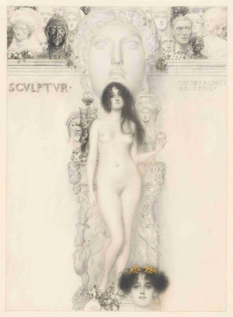 Sculptur,Gustav Klimt,Illustration,Illustration, 1girl, nude, nipples, breasts, long hair, black hair, solo