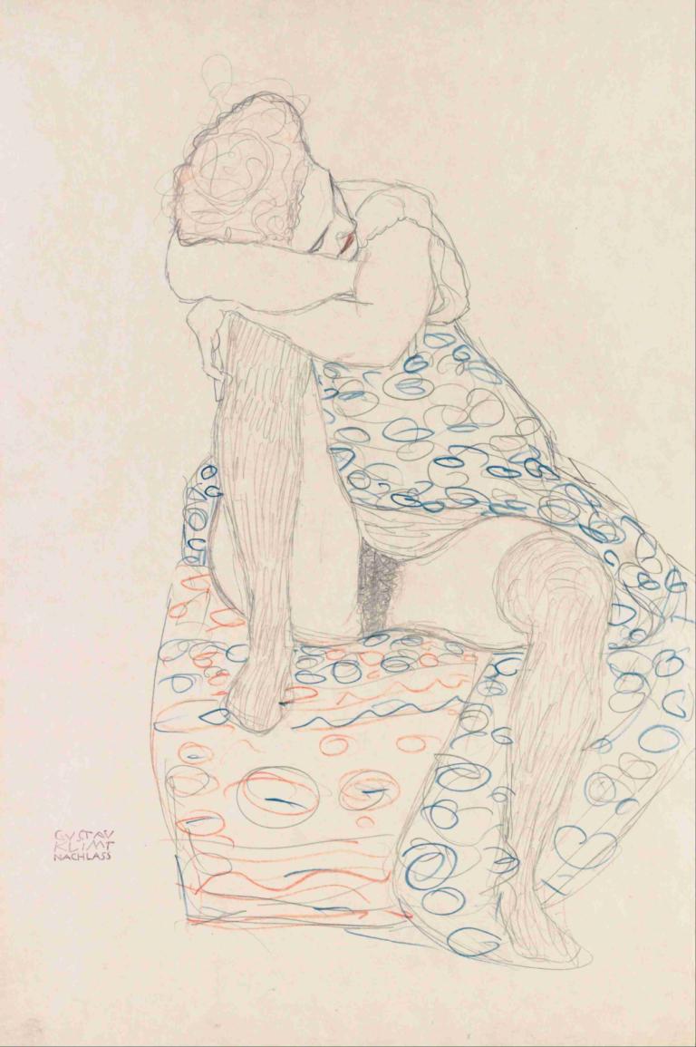 Seated Figure with Gathered up Skirt,Gustav Klimt,Color Sketch,Color Sketch, 1girl, solo, underwear, panties