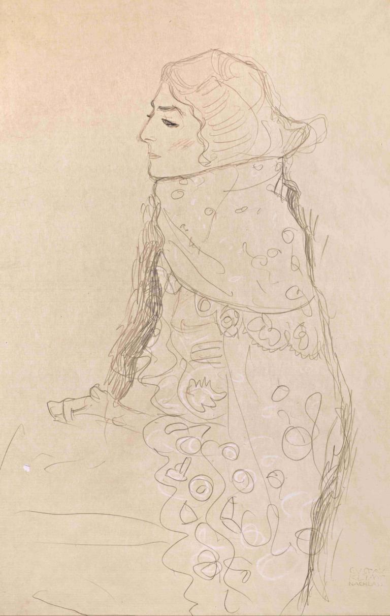 Seated Woman,Gustav Klimt,Sketch,Sketch, solo, 1girl, sitting, sketch, blush, monochrome, profile