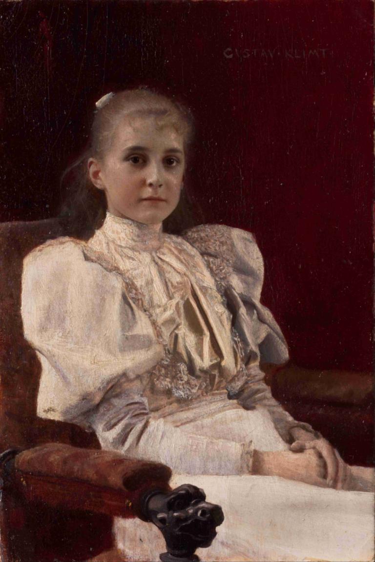 Seated Young Girl,Sittande ung flicka,Gustav Klimt,Oljemålning,Oljemålning, 1 tjej, solo, realistisk