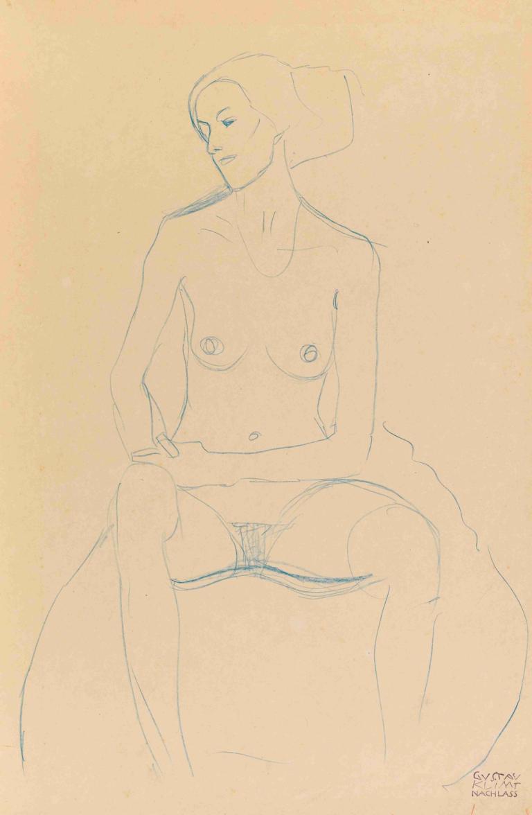 Seated nude girl, from the front, with tackled legs,Gustav Klimt,Sketch,Sketch, 1girl, solo, nipples, breasts