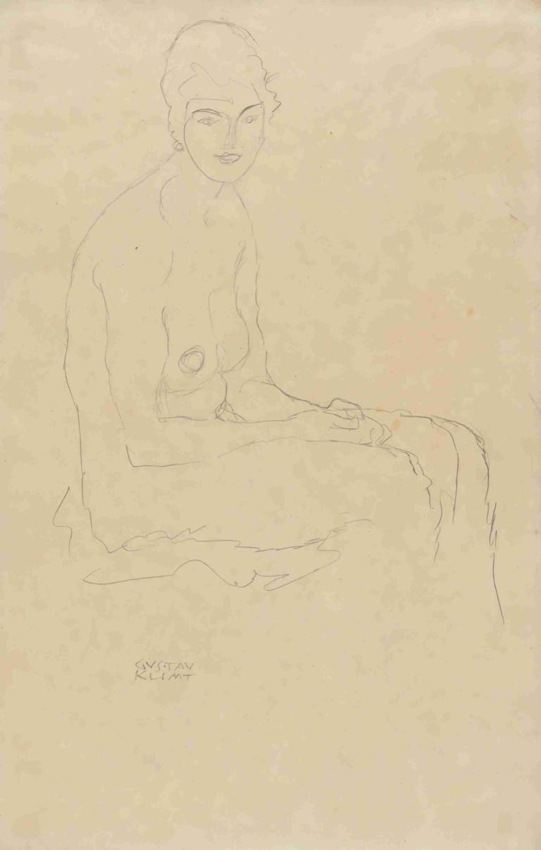 Sitzender Akt nach rechts,Sitter naken til høyre,Gustav Klimt,Skisse,Skisse, solo, 1 jente, naken, sitter