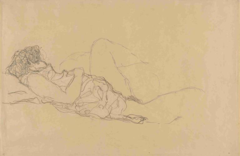 Sleeping Woman,Gustav Klimt,Sketch,Sketch, solo, 1girl, monochrome, lying, sketch, on back, pillow