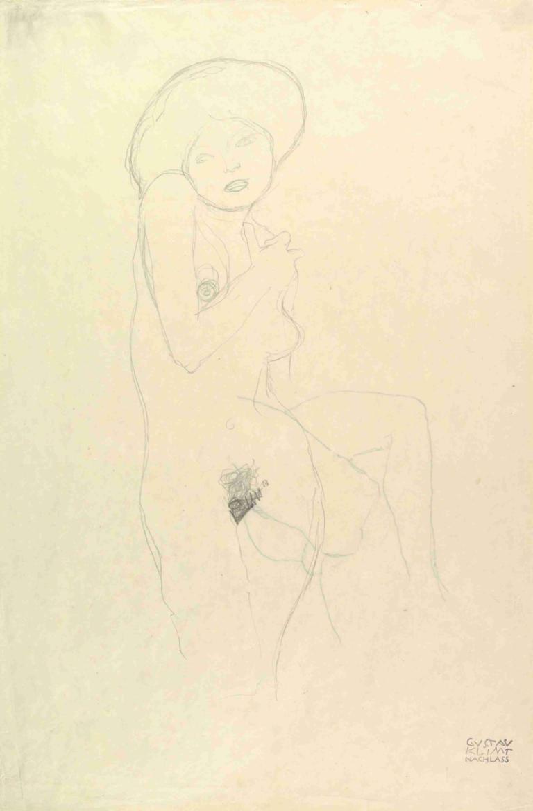 Standing Nude,스탠딩 누드,Gustav Klimt,구스타프 클림트,스케치,스케치, 여자 1명, 단색화, 가슴, 헤테로, 나체상, 젖꼭지, 검열된, 질의, 음모, 여성의 음모, 1남