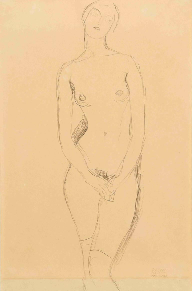 Standing female nude seen from the front,Gustav Klimt,Sketch,Sketch, 1girl, solo, nipples, breasts, nude