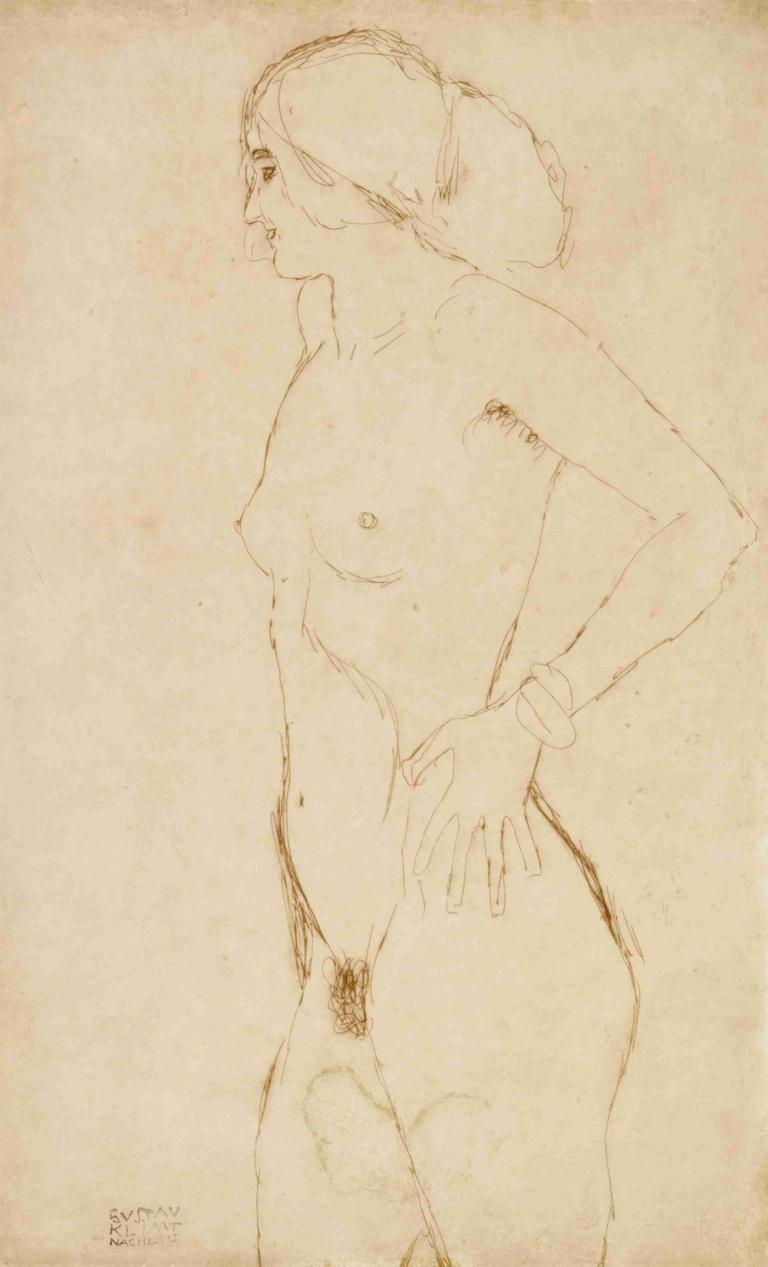 Standing nude girl, facing left,Stående naken jente, vendt mot venstre,Gustav Klimt,Skisse,Skisse, 1 jente