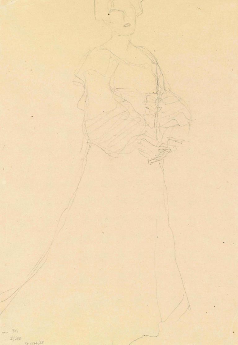 Stehende Dame nach rechts,Gustav Klimt,Sketch,Sketch, 1girl, solo, monochrome, dress, sketch, short hair