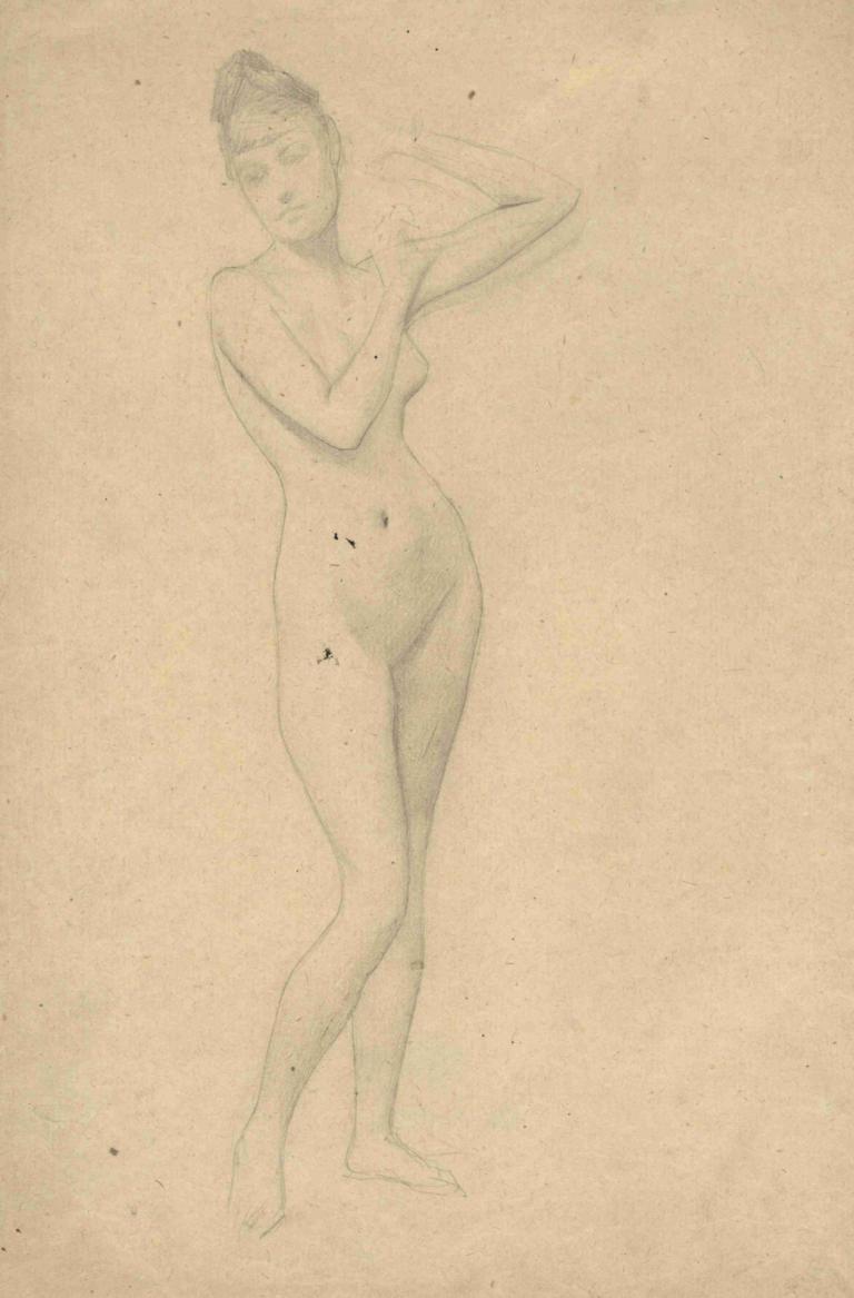 Stehender weiblicher Akt,Gustav Klimt,Sketch,Sketch, 1girl, solo, nude, monochrome, breasts, sketch, navel