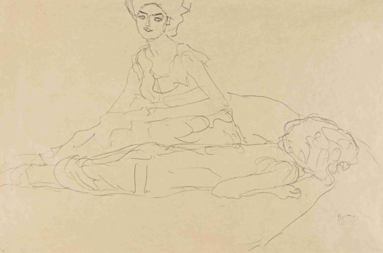 Studie zweier frauen (study of two women),Gustav Klimt,Sketch,Sketch, monochrome, sketch, lying, male focus