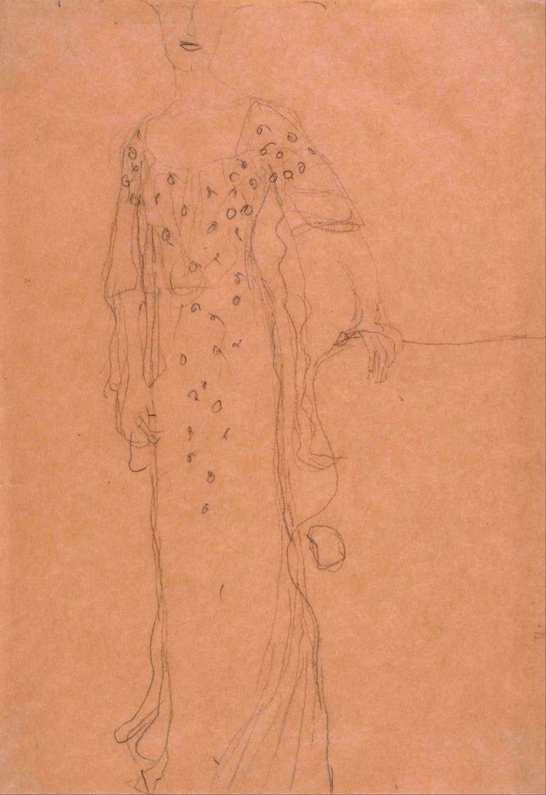 Study for Portrait of Adele Bloch-Bauer I,Gustav Klimt,Sketch,Sketch, solo, 1girl, monochrome, dress, sketch