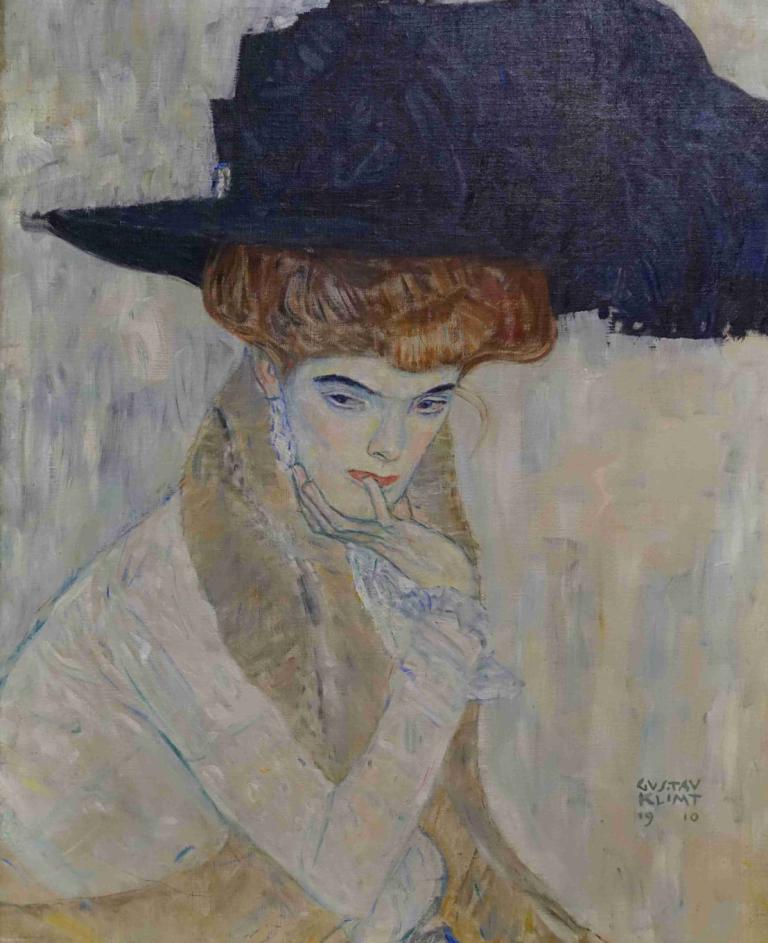 The Black-Feathered Hat,Gustav Klimt,Oil Painting,Oil Painting, solo, hat, 1boy, male focus, pompadour