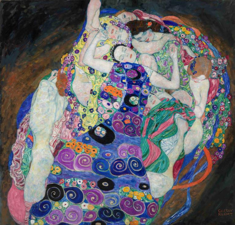 The Maiden,Gustav Klimt,Oil Painting,Oil Painting, multiple girls, flower, long hair, black hair, closed eyes