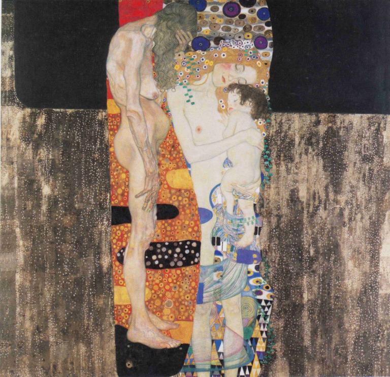 The Three Ages of the Woman,Gustav Klimt,Oil Painting,Oil Painting, fine art parody, multiple boys, nude