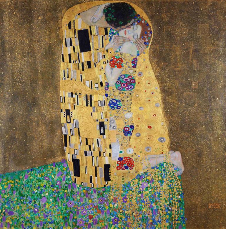 The kiss (lovers),Gustav Klimt,Oil Painting,Oil Painting, 1girl, solo, black hair, flower, barefoot