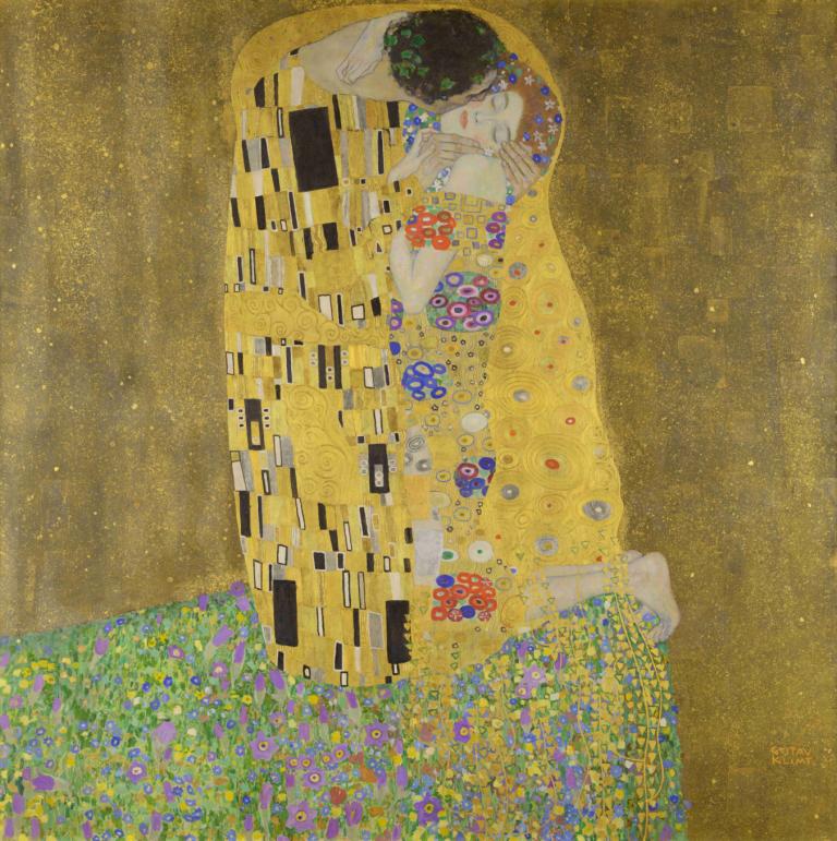 The kiss (lovers),Gustav Klimt,Oil Painting,Oil Painting, 1girl, flower, black hair, solo, closed eyes