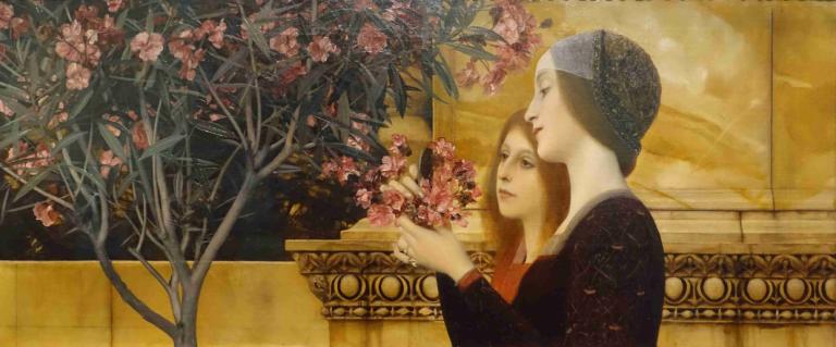 Two Girls with an Oleander Bush,Gustav Klimt,Oil Painting,Oil Painting, flower, branch, brown hair