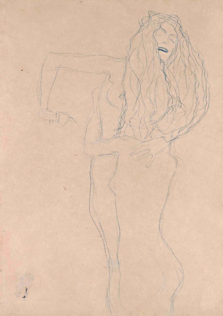 Two Naked Women Embracing (Ver Sacrum),Gustav Klimt,Sketch,Sketch, 1girl, solo, monochrome, long hair, sketch