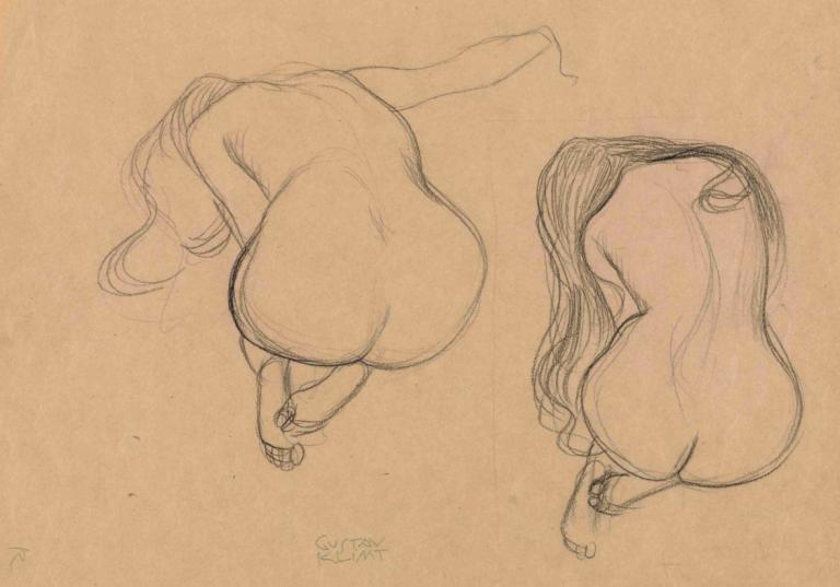 Two Studies of a Seated Nude with Long Hair,Gustav Klimt,Sketch,Sketch, sketch, nude, ass, long hair