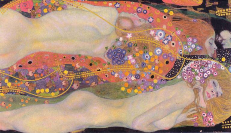 Water Serpents II,Gustav Klimt,Oil Painting,Oil Painting, flower, blonde hair, multiple girls, long hair