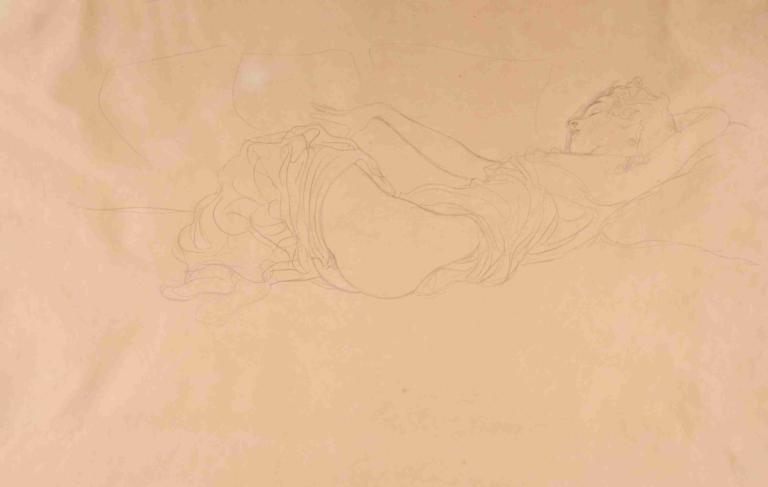 Woman Lying on her Back, Partly Dressed,Gustav Klimt,Sketch,Sketch, 1girl, solo, monochrome, lying, long hair