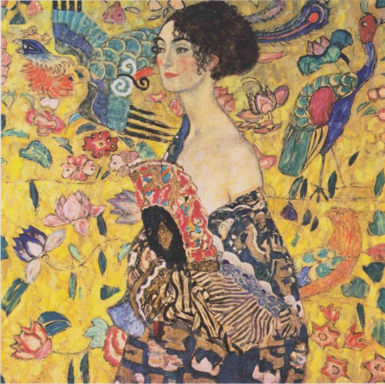 Woman with fan,Gustav Klimt,Oil Painting,Oil Painting, 1girl, solo, traditional media, flower, black hair