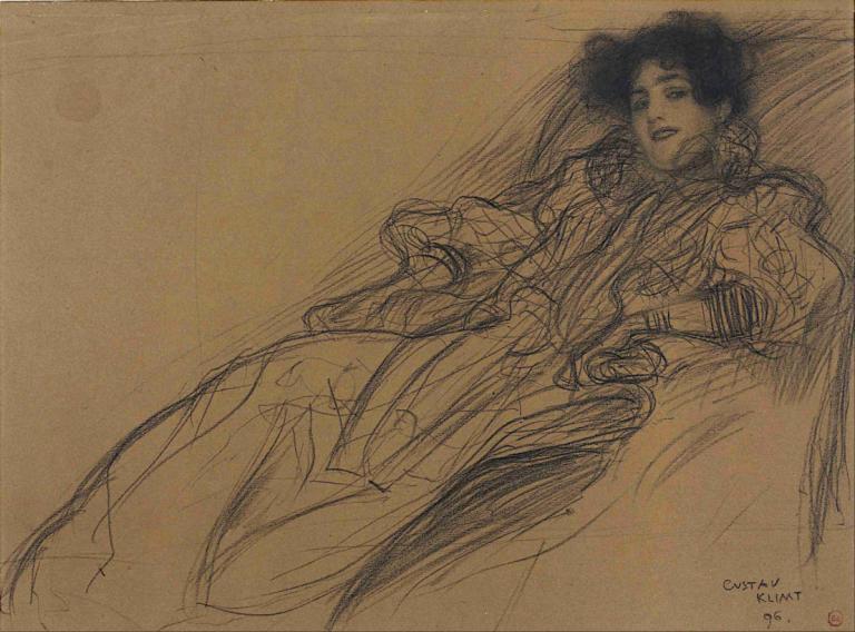 Young Woman in an Armchair,Gustav Klimt,Sketch,Sketch, solo, sketch, 1boy, monochrome, male focus, lying