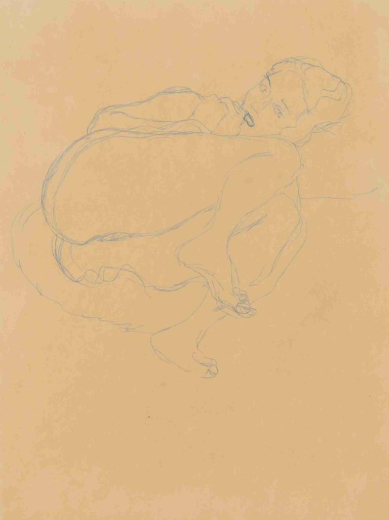 Zusammengekauerter Halbakt,Gustav Klimt,Sketch,Sketch, solo, 1girl, tail, sketch, ass, monochrome, nude