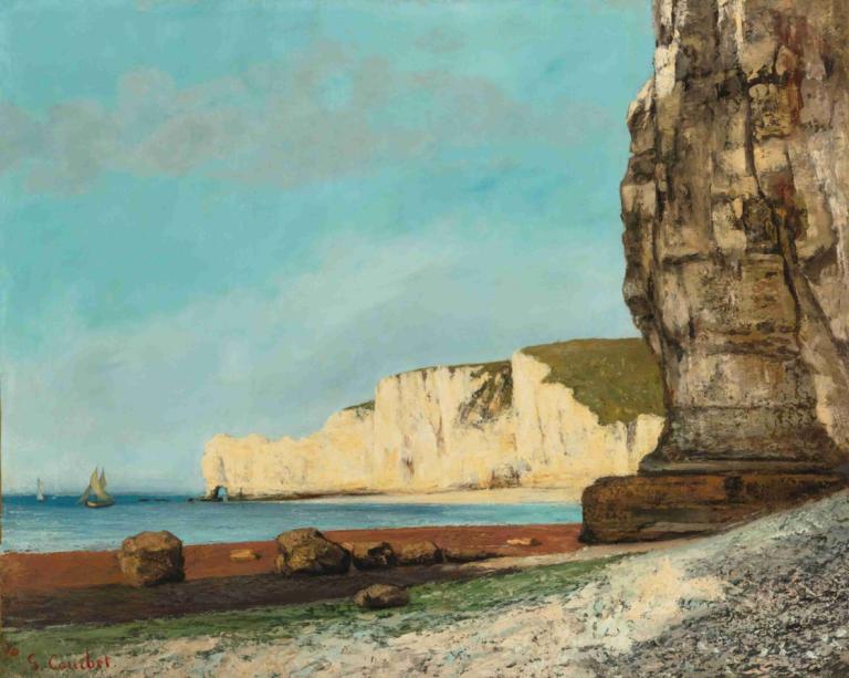 Étretat; Les Falaises,Étretat; Klipporna,Gustave Courbet,Oljemålning,Oljemålning, vattenskotrar, utomhus