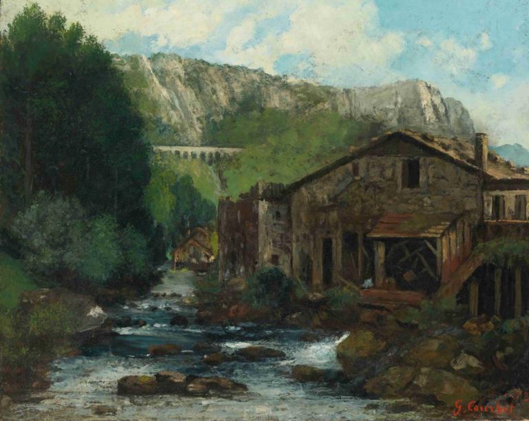 A Mill In A Rocky Landscape,바위가 많은 풍경 속의 방앗간,Gustave Courbet,구스타브 쿠르베,오일 페인팅,오일 페인팅, 인간은 없어, 경치, 옥외, 낮, 하늘