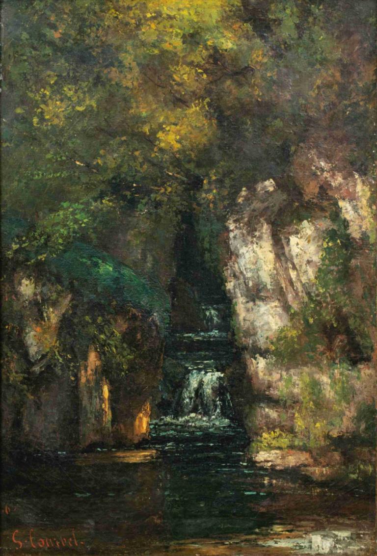 A Waterfall Near Ornans,Gustave Courbet,Oil Painting,Oil Painting, no humans, scenery, outdoors, tree, stairs