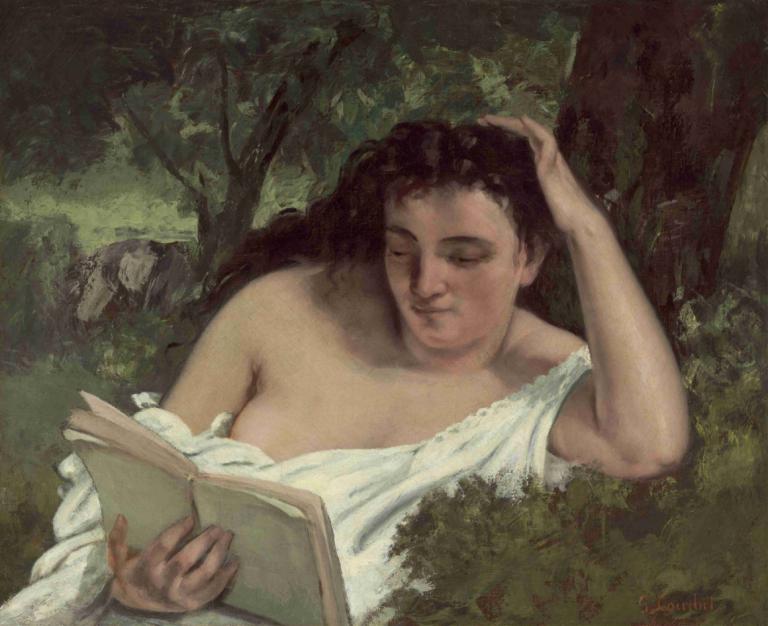 A Young Woman Reading,一位年輕女子在閱讀,Gustave Courbet,古斯塔夫·庫爾貝,油畫,油畫, 1個女孩, 獨奏, 書, 閱讀, 樹, 閉著眼睛, 實際的, 黑髮, 打開書, 長髮