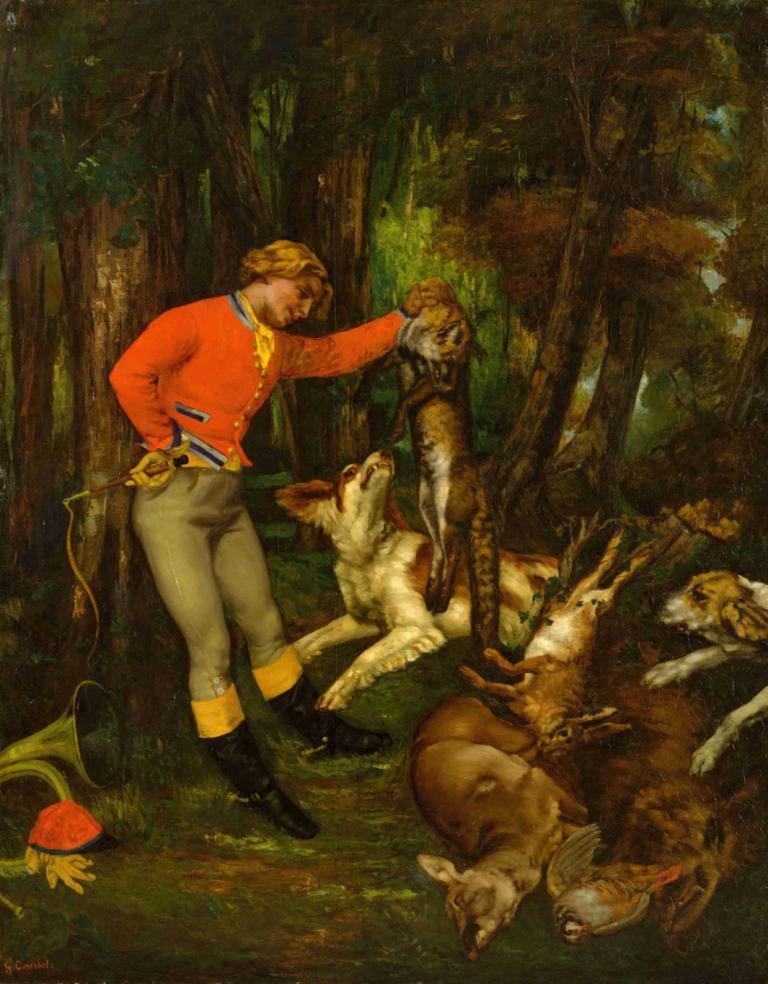 After the Hunt,Après la chasse,Gustave Courbet,Peinture à l'huile,Peinture à l'huile, nature, forêt, 1garçon