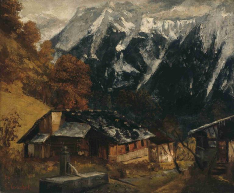 An Alpine Scene,Gustave Courbet,Oil Painting,Oil Painting, scenery, no humans, outdoors, tree, mountain