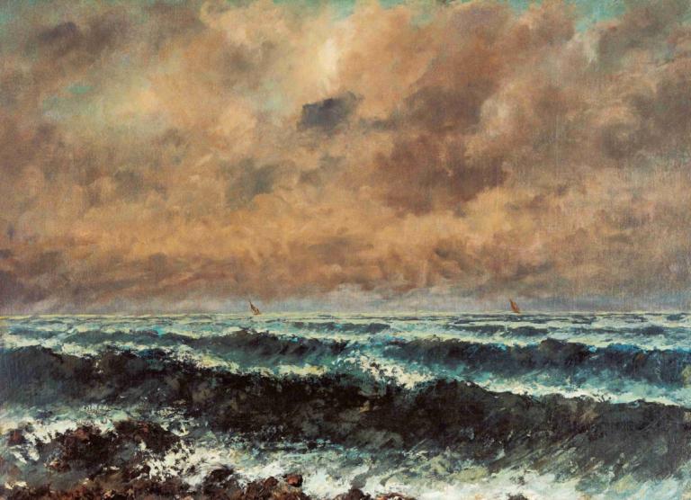 Autumn Sea,Gustave Courbet,Oil Painting,Oil Painting, waves, cloud, no humans, scenery, ocean, outdoors, sky