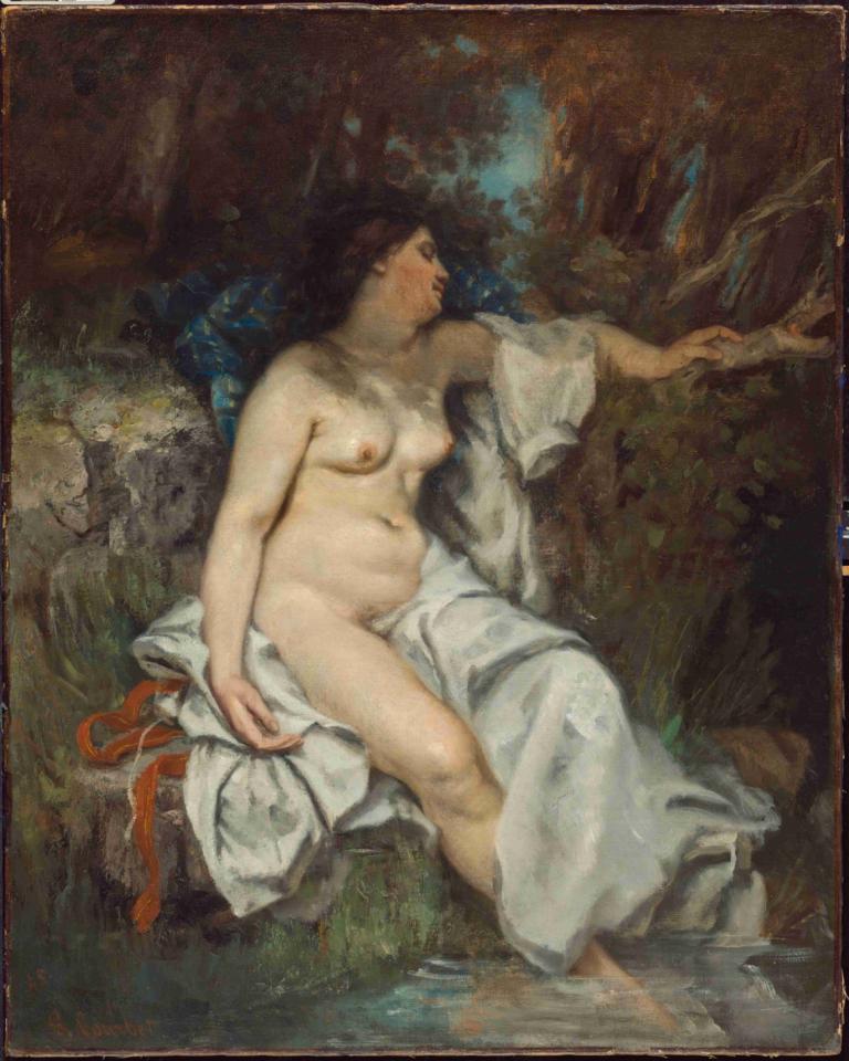 Bather Sleeping by a Brook,Gustave Courbet,Oil Painting,Oil Painting, fine art parody, 1girl, breasts