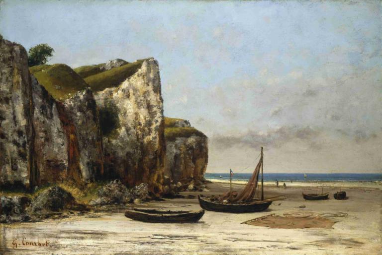 Beach in Normandy,노르망디의 해변,Gustave Courbet,구스타브 쿠르베,오일 페인팅,오일 페인팅, 선박, 보트, 옥외, 인간은 없어, 전통 미디어, 대양, 경치, 낮, 하늘