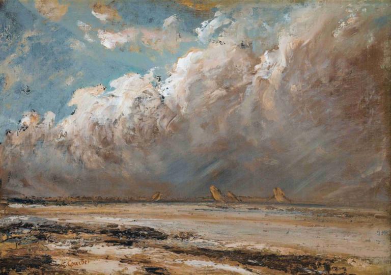 Beach in Normandy,Gustave Courbet,Oil Painting,Oil Painting, cloud, sky, outdoors, scenery, no humans, day